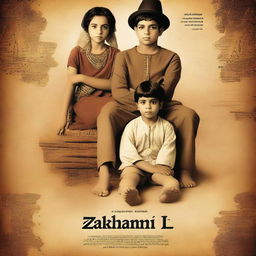 A movie poster for 'Zakhmi Dli' featuring a boy in traditional Egyptian attire sitting on a chair, with a girl standing behind him