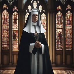 A powerful and dominant nun standing confidently in a gothic church setting