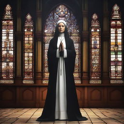 A powerful and dominant nun standing confidently in a gothic church setting