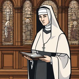 A strict nun standing in a traditional church setting