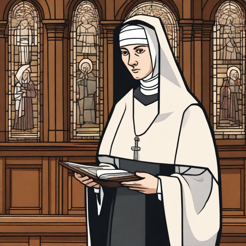 A strict nun standing in a traditional church setting