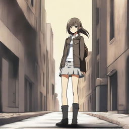 A character in the style of Gunslinger Girl, depicted with a serious expression and bare feet