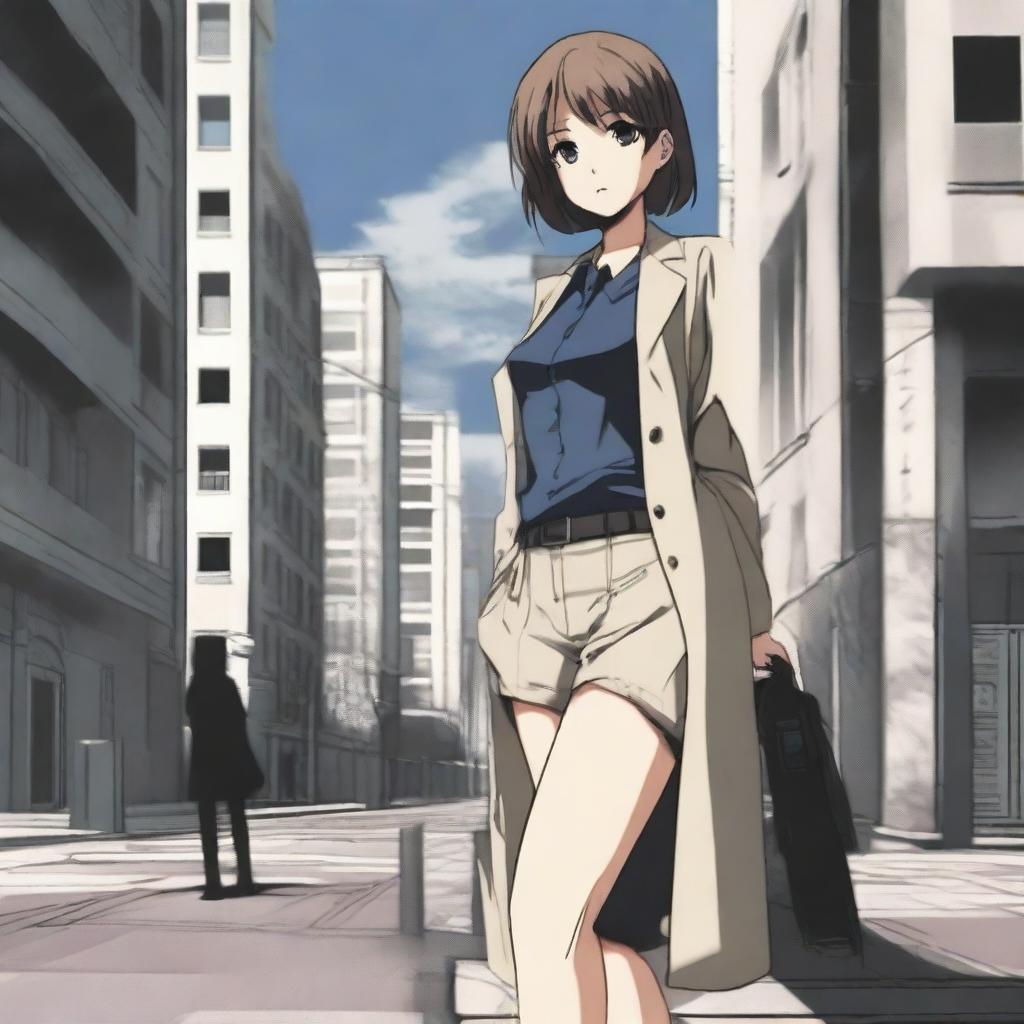 A character in the style of Gunslinger Girl, depicted with a serious expression and bare feet