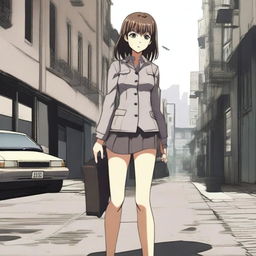 A character in the style of Gunslinger Girl, depicted with a serious expression and bare feet