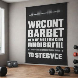 A motivational gym banner featuring inspirational quotes, gym equipment like dumbbells, kettlebells, and barbells, and people engaging in various exercises.