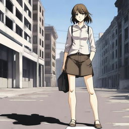 A character in the style of Gunslinger Girl, depicted with a serious expression and bare feet