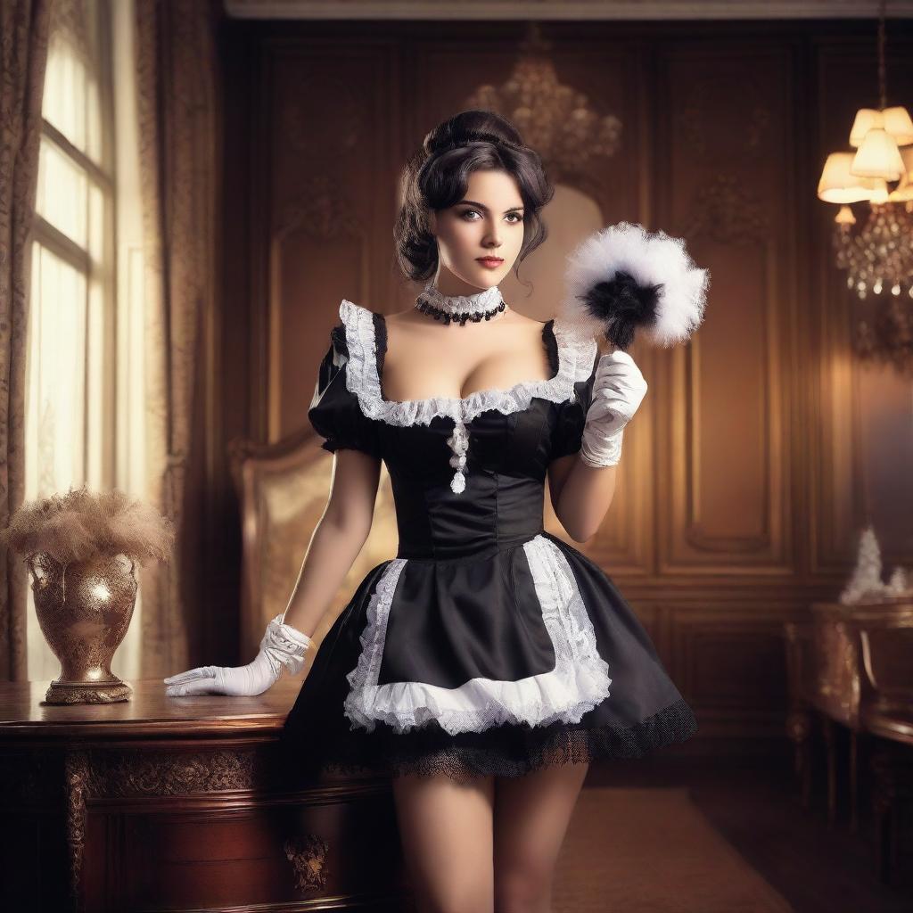 A sexy maid wearing a revealing maid outfit, posed seductively in an elegant, vintage-style room