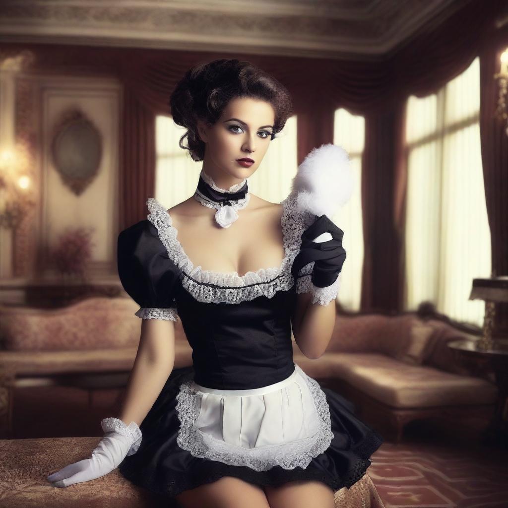 A sexy maid wearing a revealing maid outfit, posed seductively in an elegant, vintage-style room