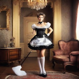 A sexy maid wearing a revealing maid outfit, posed seductively in an elegant, vintage-style room