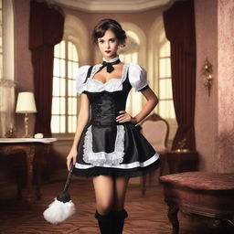 A sexy maid wearing a revealing maid outfit, posed seductively in an elegant, vintage-style room