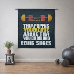 A motivational gym banner featuring inspirational quotes, gym equipment like dumbbells, kettlebells, and barbells, and people engaging in various exercises.