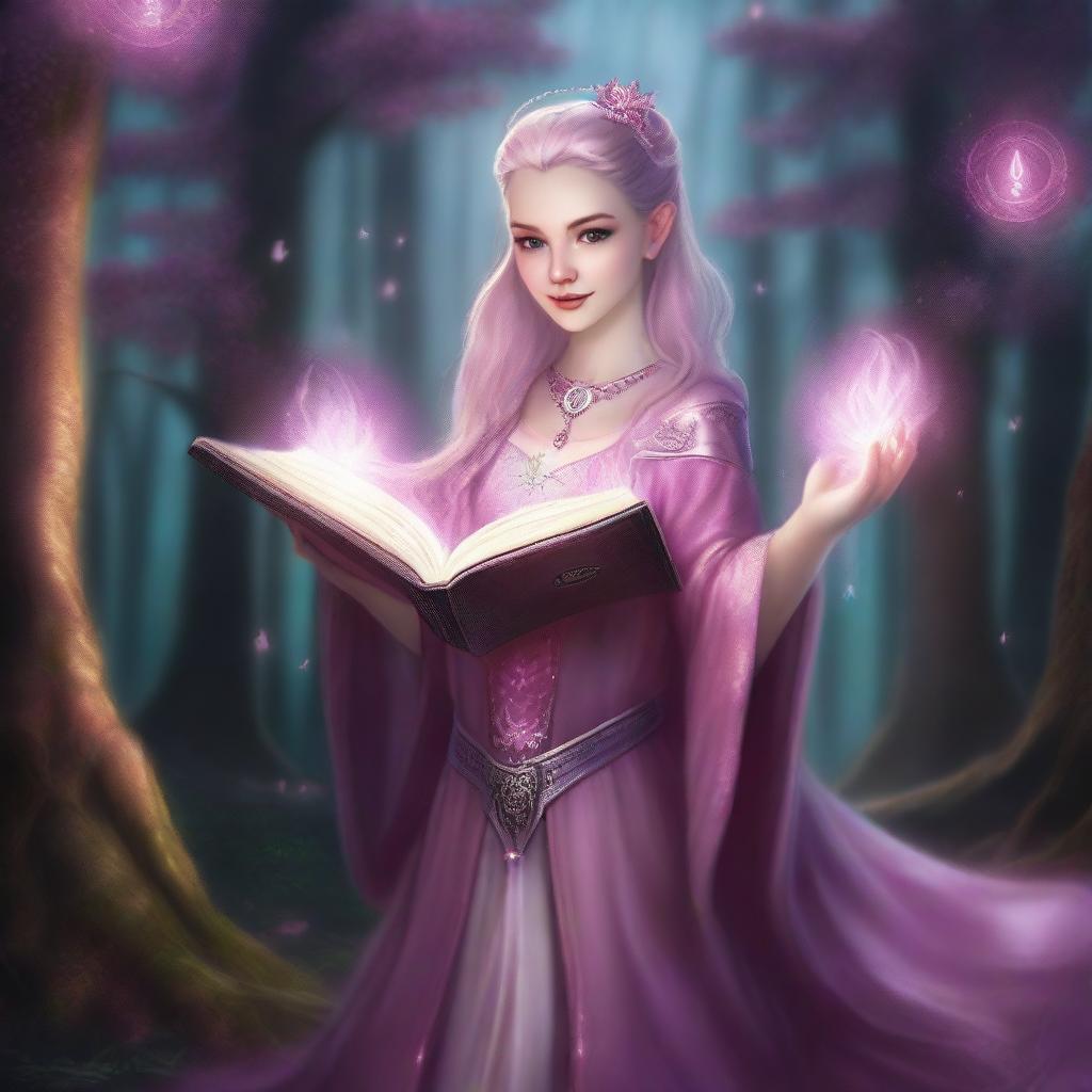 A lady dwarf wearing pink clothes, holding a grimoire in her left hand and a staff in her right hand