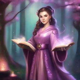 A lady dwarf wearing pink clothes, holding a grimoire in her left hand and a staff in her right hand