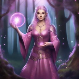 A lady dwarf wearing pink clothes, holding a grimoire in her left hand and a staff in her right hand