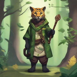 A tabaxi shaped like a jaguar, standing in a dense forest