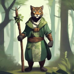 A tabaxi shaped like a jaguar, standing in a dense forest