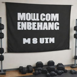 A motivational gym banner featuring inspirational quotes, gym equipment like dumbbells, kettlebells, and barbells, and people engaging in various exercises.