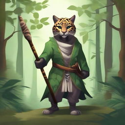 A tabaxi shaped like a jaguar, standing in a dense forest