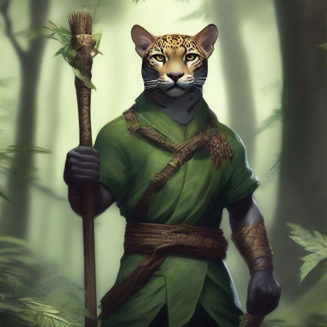 A realistic depiction of a tabaxi shaped like a jaguar, standing in a dense forest