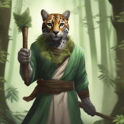 A realistic depiction of a tabaxi shaped like a jaguar, standing in a dense forest