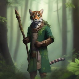 A realistic depiction of a tabaxi shaped like a jaguar, standing in a dense forest