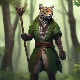 A realistic depiction of a tabaxi shaped like a jaguar, standing in a dense forest