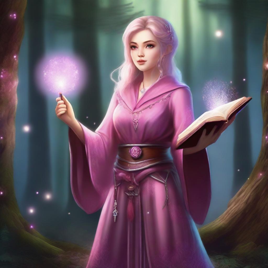 A lady dwarf wearing pink clothes, holding a grimoire in her left hand and a wooden staff in her right hand