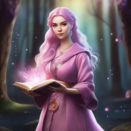 A lady dwarf wearing pink clothes, holding a grimoire in her left hand and a wooden staff in her right hand