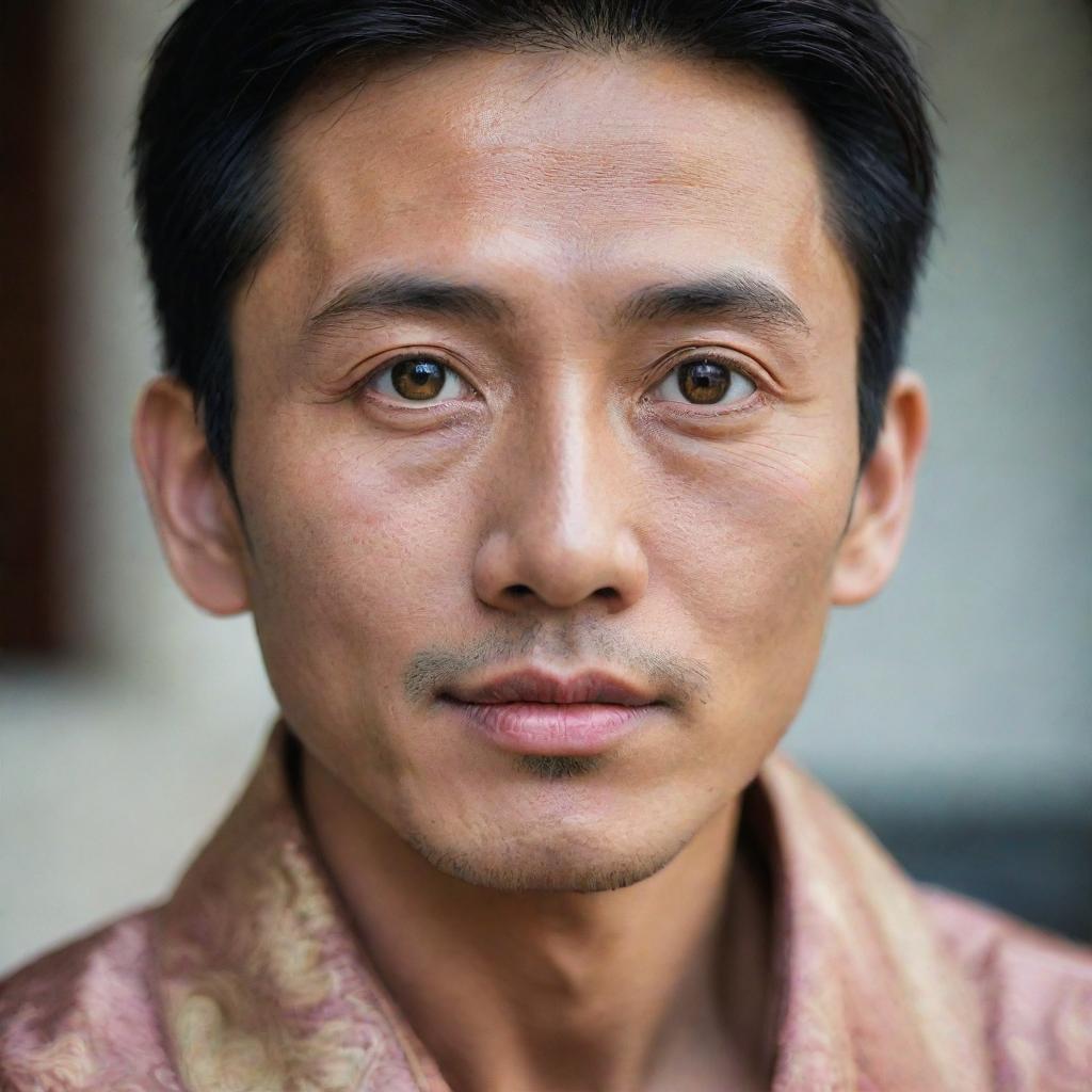 A portrait of a wealthy Asian man with rare and strikingly beautiful eyes.