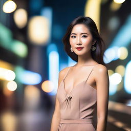 A beautiful Asian woman in a stylish outfit, posing confidently