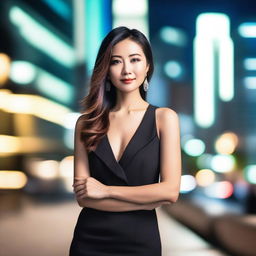 A beautiful Asian woman in a stylish outfit, posing confidently