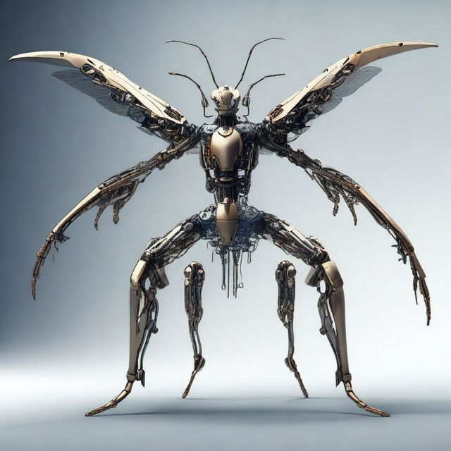 A humanoid insect character with six arms, a long tail, and robotic features