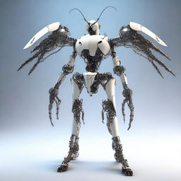 A humanoid insect character with six arms, a long tail, and robotic features