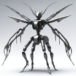 A humanoid insect character with six arms, a long tail, and robotic features