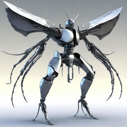 A humanoid insect character with six arms, a long tail, and robotic features