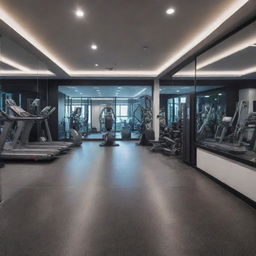 An ultra-modern gym filled with high-tech equipment, mirrors on the walls, and bright ambient lighting