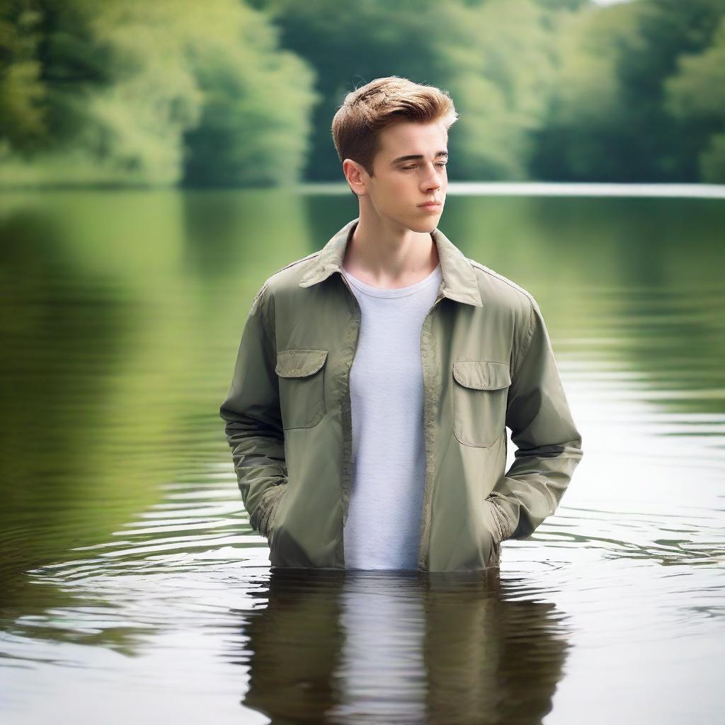 Create an image of a young man who is waist-deep in water, wearing a khaki jacket and a white T-shirt