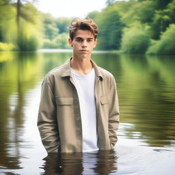 Create an image of a young man who is waist-deep in water, wearing a khaki jacket and a white T-shirt