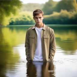 Create an image of a young man who is waist-deep in water, wearing a khaki jacket and a white T-shirt