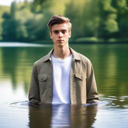 Create an image of a young man who is waist-deep in water, wearing a khaki jacket and a white T-shirt