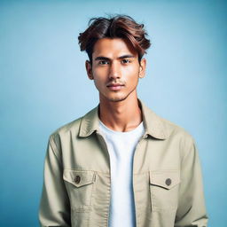 A young man is waist-deep in a khaki jacket and a white T-shirt, with a light blue background at the back