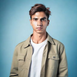 A young man is waist-deep in a khaki jacket and a white T-shirt, with a light blue background at the back