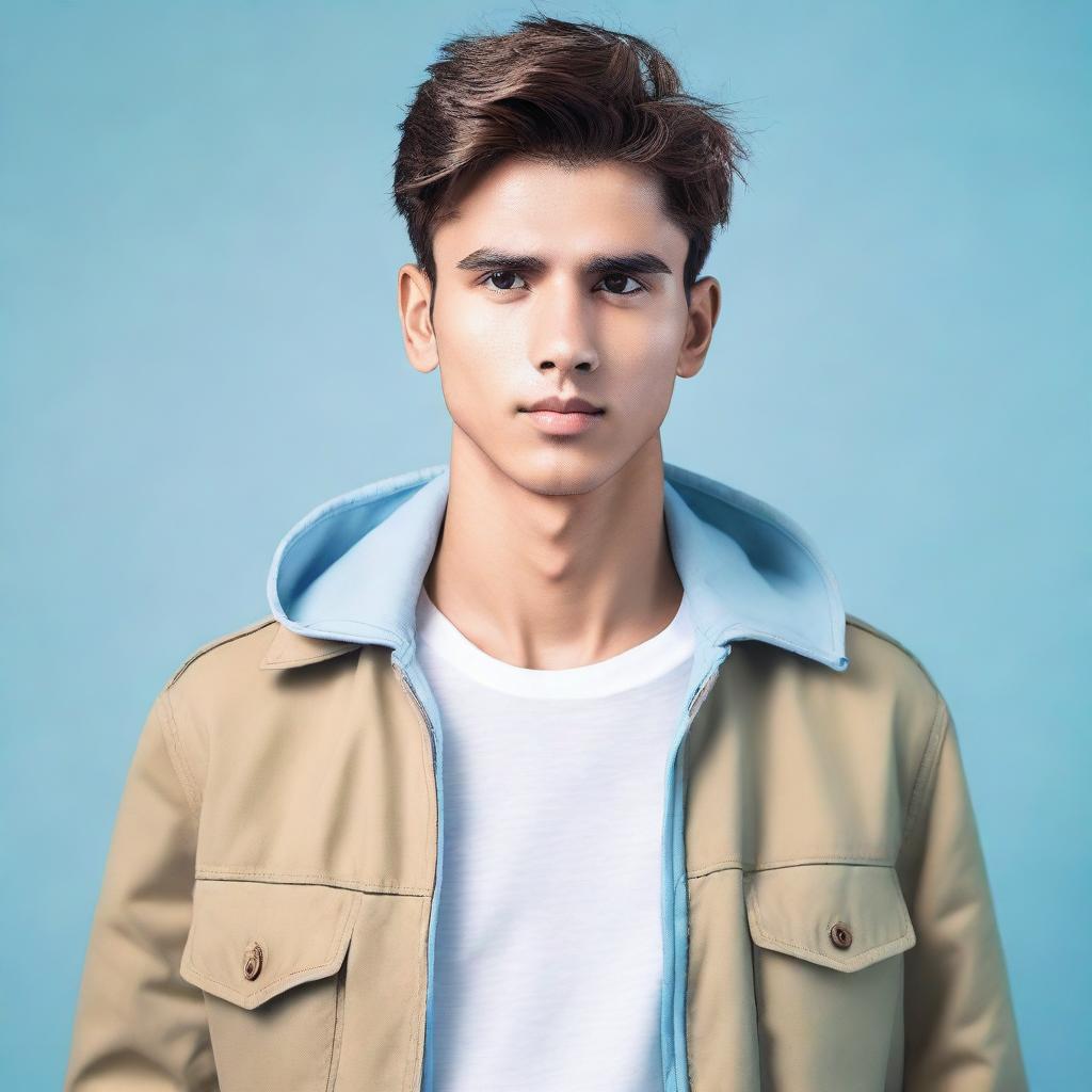 A young man is waist-deep in a khaki jacket and a white T-shirt, with a light blue background at the back