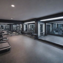 An ultra-modern gym filled with high-tech equipment, mirrors on the walls, and bright ambient lighting