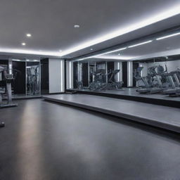 An ultra-modern gym filled with high-tech equipment, mirrors on the walls, and bright ambient lighting