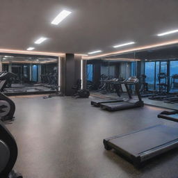 An ultra-modern gym filled with high-tech equipment, mirrors on the walls, and bright ambient lighting