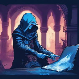 Create a 1024x1024 banner that merges Dungeons & Dragons with a hacker theme, emphasizing the color blue