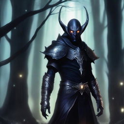 A detailed illustration of a dark elf with sharp features, pointed ears, and glowing eyes