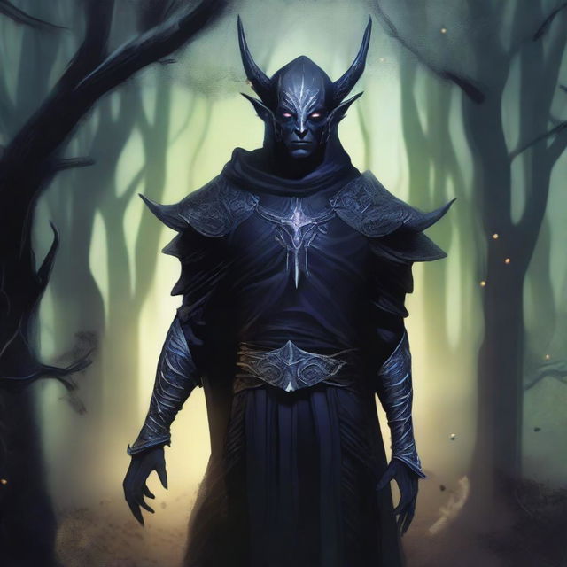 A detailed illustration of a dark elf with sharp features, pointed ears, and glowing eyes