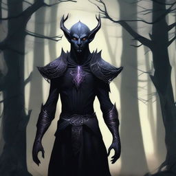 A detailed illustration of a dark elf with sharp features, pointed ears, and glowing eyes